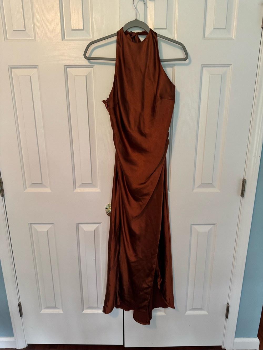 Hello Molly Rust Brown Satin Halter Cutout Maxi Dress US 6